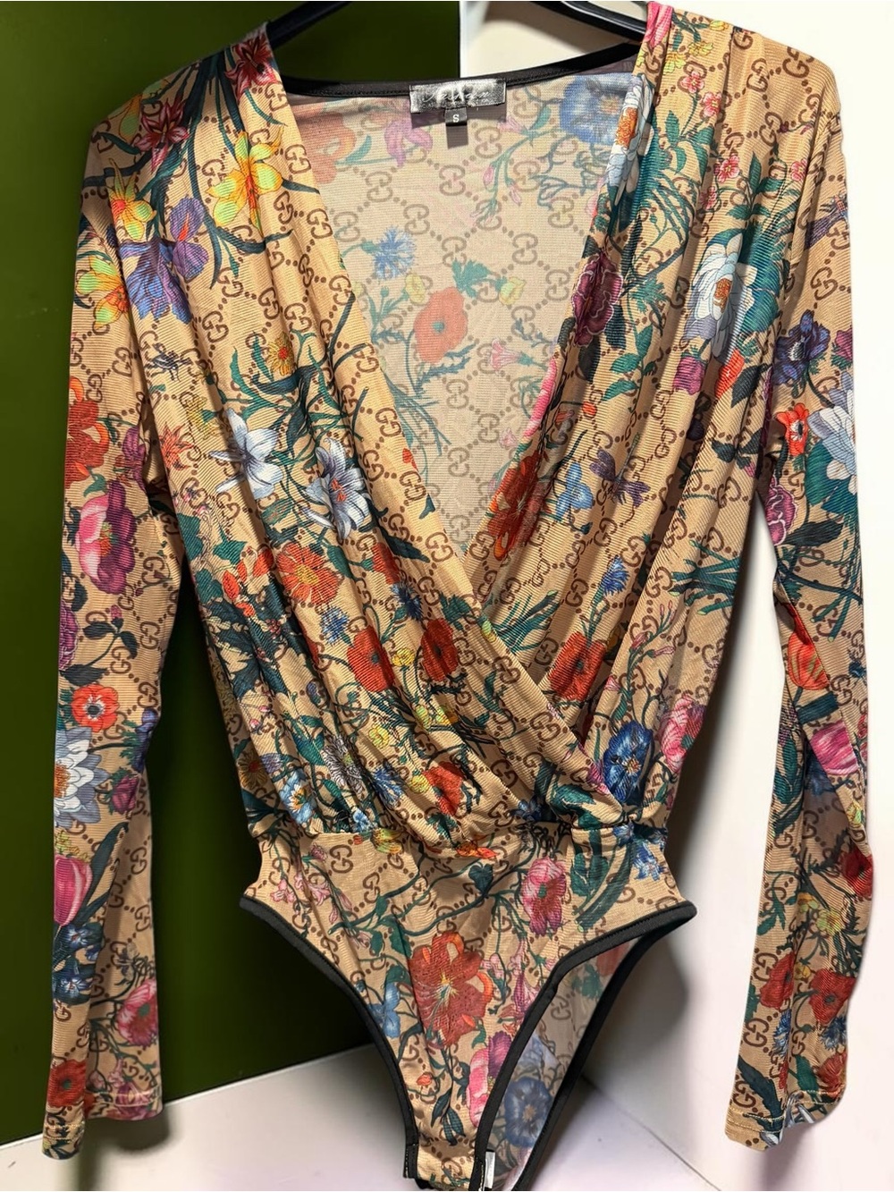 Sheer Mesh Bodysuit Tan Floral Monogram Print Long Sleeve Deep V Size S